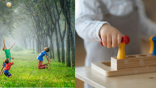 Image: Contrasting Montessori and Reggio Emilia methods, emphasizing independence versus collaboration. Both endorse sensory wooden toys for holistic child development, offering tactile experiences, durability, and aesthetic appeal in play and education.