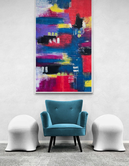 Abstract original hand painted wall art in hallway with a turquoise chair and two fancy stools