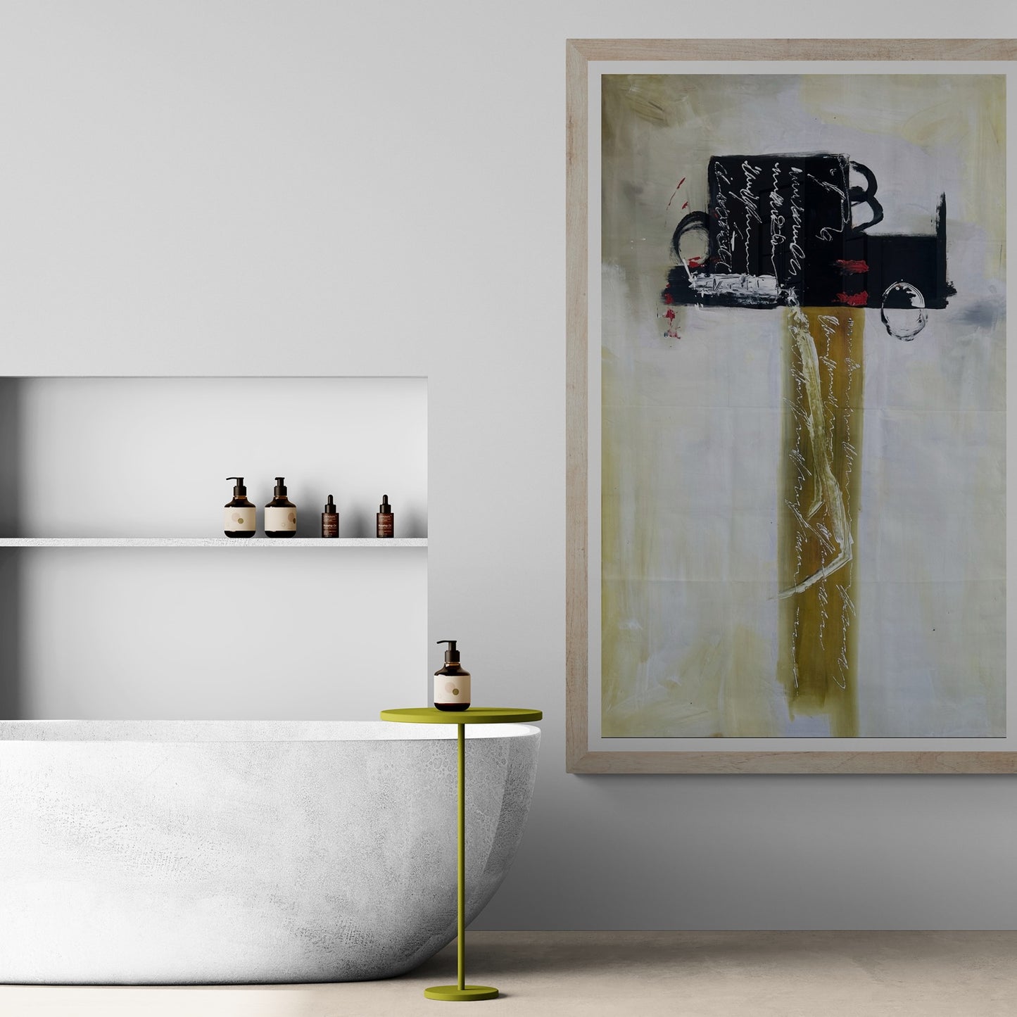 Large original hand painted wall art in bathroom with arched windows