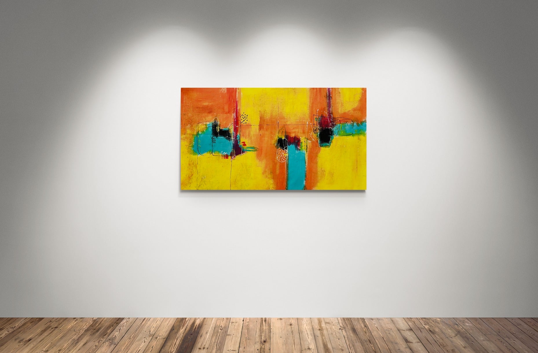 Abstract expressionist painting 'Always the Sun' radiating vibrant colors and dynamic forms, symbolizing positivity and motivation
