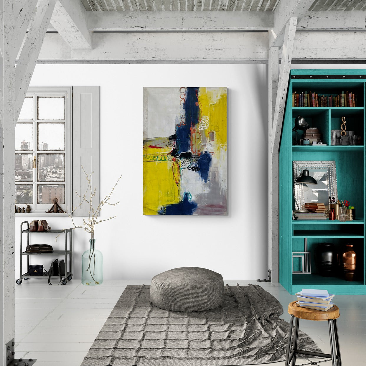Expansive rustic loft living room adorned with a striking original hand-painted abstract canvas wall art piece, adding artistic flair to the décor.