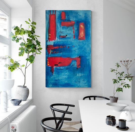 Elevate your bright apartment dining room with captivating abstract wall art, adding personality and charm to your space.