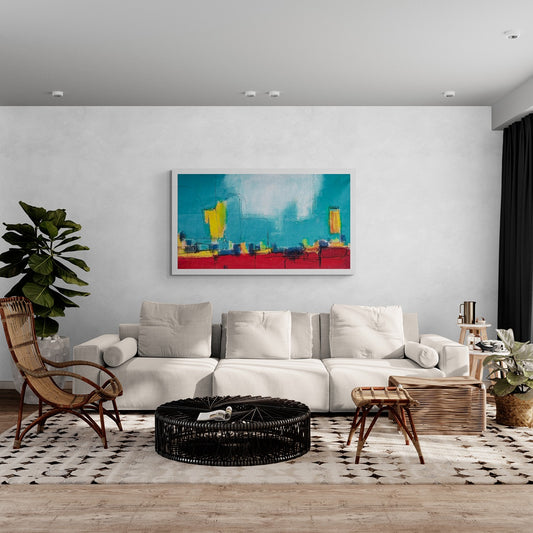 Large original hand-painted abstract canvas wall art hanging in a brightly decorated boho-style living room