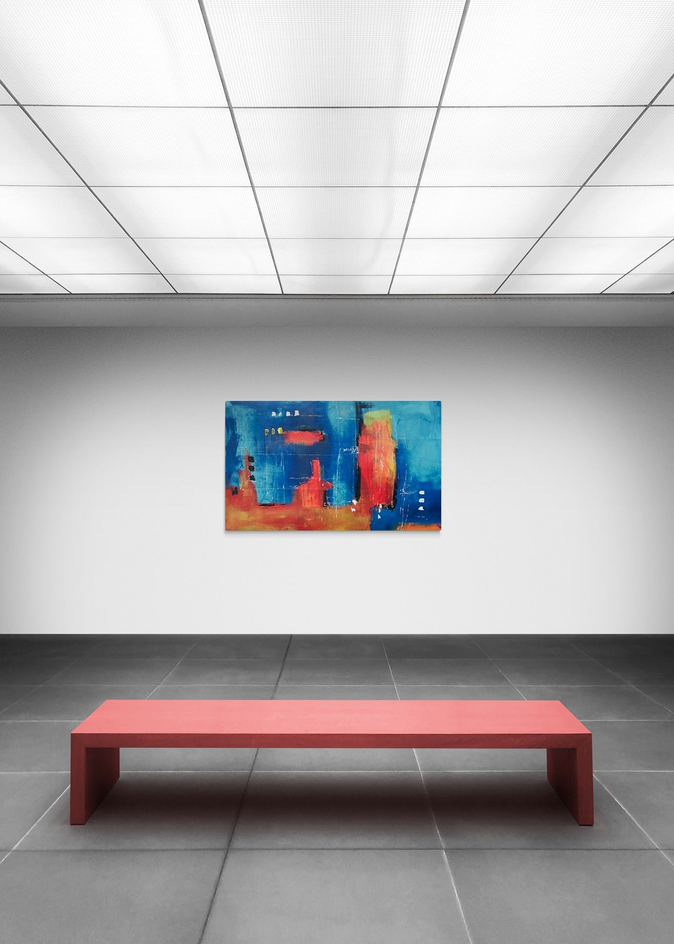 Bright blue canvas wall art brightens the gallery, perfectly complementing the colorful bench seat and adding vibrancy to the space.