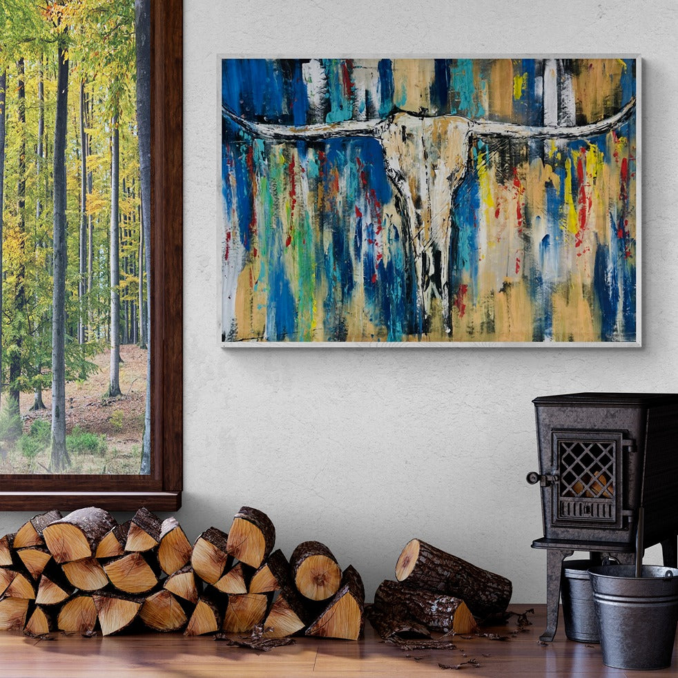 Cozy cabin with wood burner featuring a longhorn large original hand painted wall art