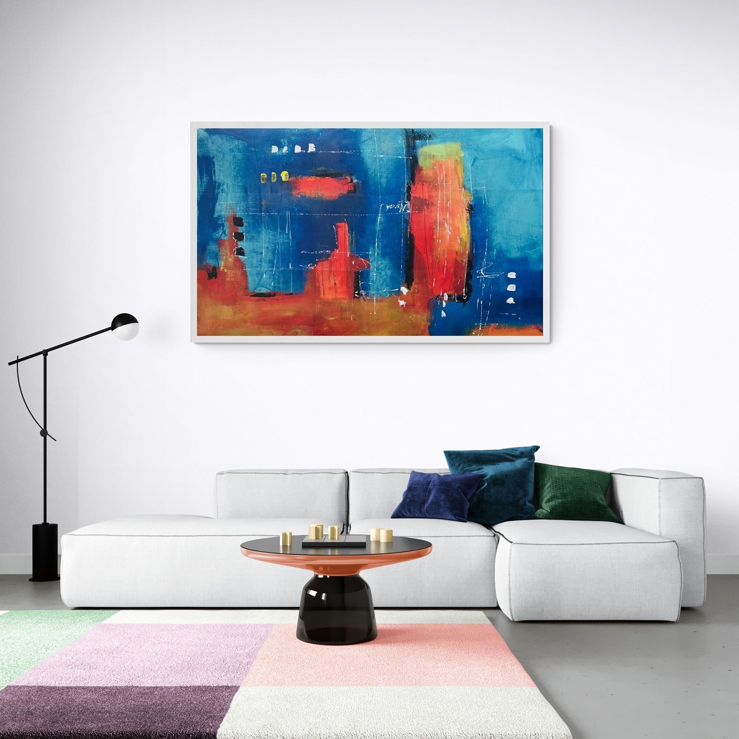 Discover large, affordable wall art for your modern living room, perfectly complementing the spaciousness and vibrancy of your decor, including a large, colorful rug.
