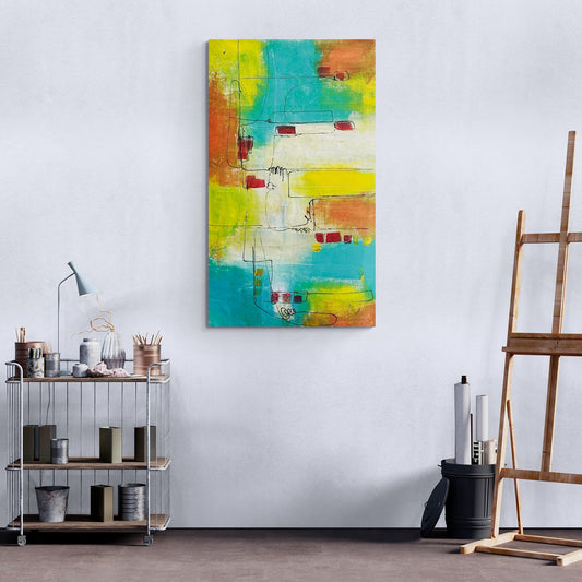 Large original hand-painted abstract canvas wall art enhances the ambiance of a studio, featuring a spacious easel for artistic endeavors.