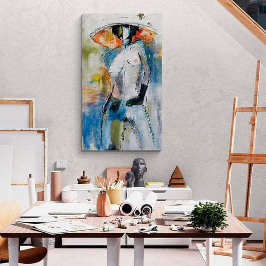 Enhance your decor with a captivating large original hand-painted abstract canvas wall art portraying a vibrant and bustling artist's studio, adding inspiration and creativity to your space.