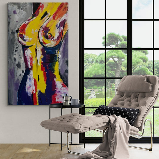 Large original hand-painted abstract canvas wall art enhances the ambiance of a chaise lounger area, offering serene garden views and creating a relaxing atmosphere.