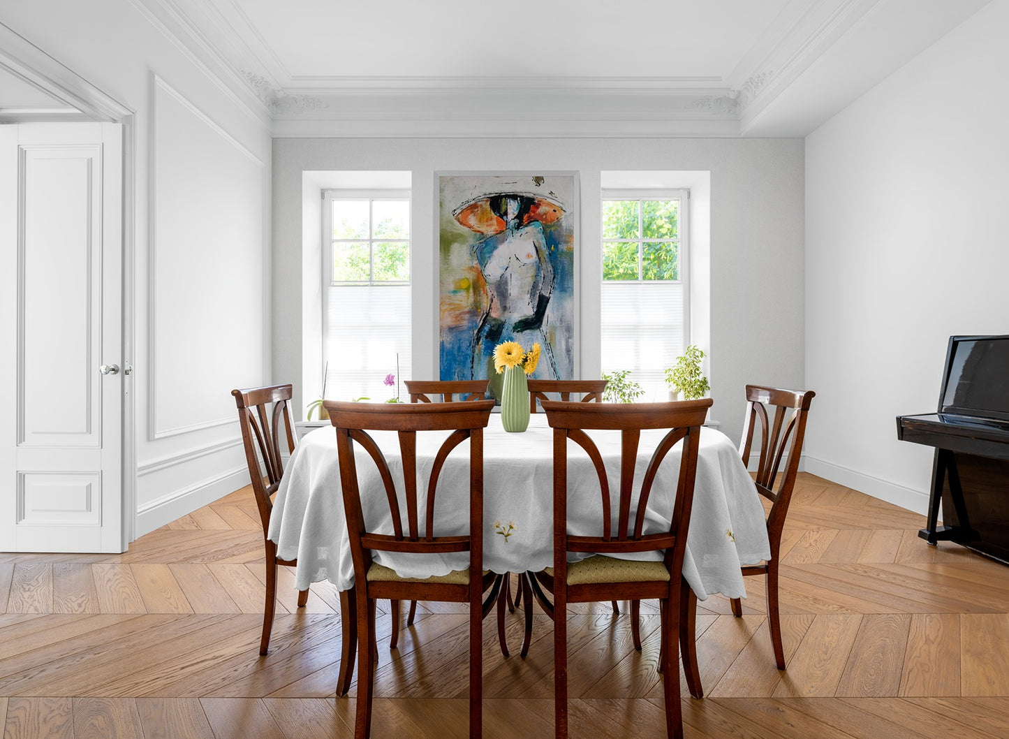 Elevate your dining space with a stunning large original hand-painted abstract canvas wall art, adding sophistication and artistic flair to your formal dining room ambiance.