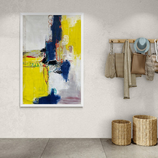 Interior hallway adorned with a wooden coat rack and a large original hand-painted abstract canvas wall art, adding warmth and character to the space.
