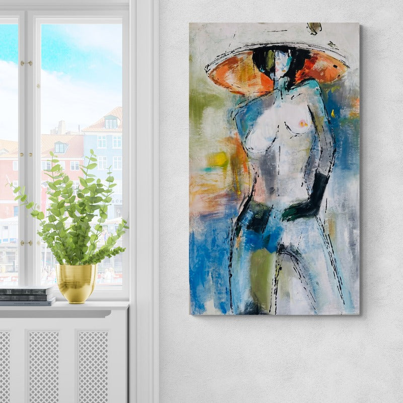 Enhance your interior with a captivating large original hand-painted abstract canvas wall art, creating a dynamic focal point against the backdrop of stunning city views.