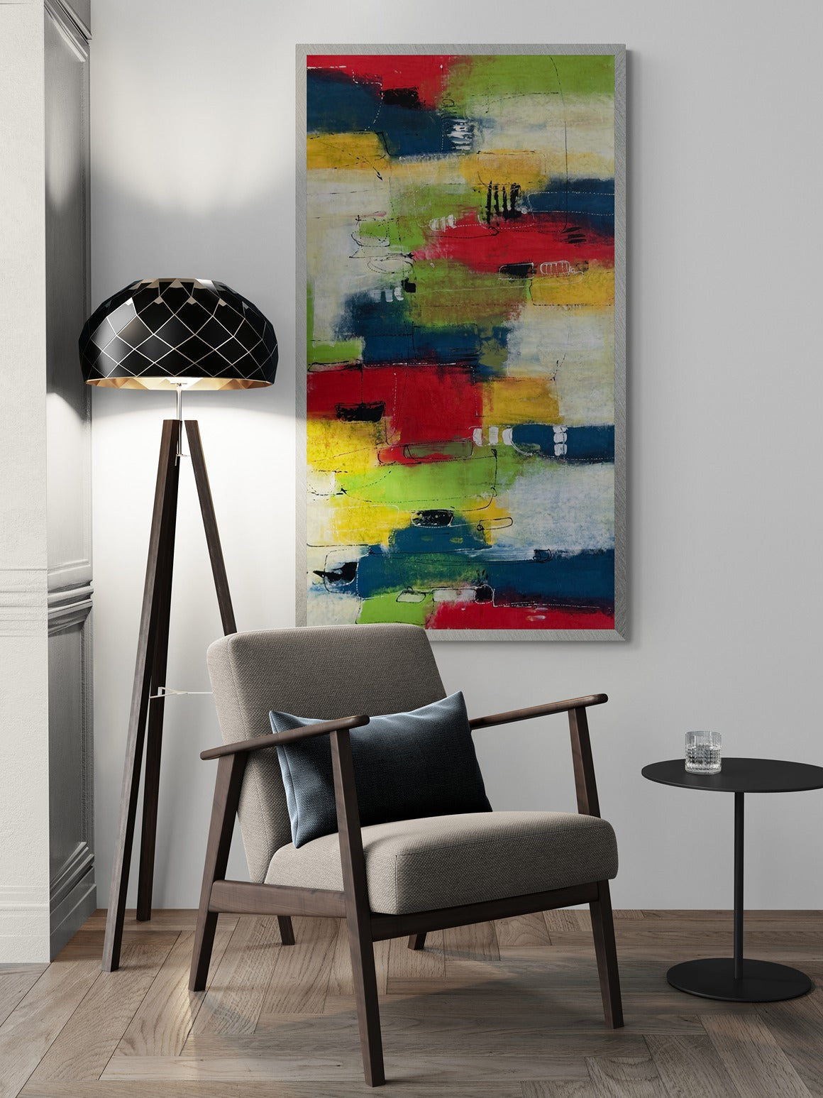 Large Original Hand-Painted Abstract Canvas Wall Art" showcased in a stylish lounge setting with a chic chair and an elegant lamp