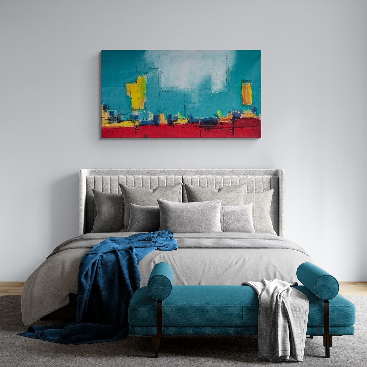 In a modern bedroom featuring a sofa bench, an original, hand-painted abstract canvas wall art commands attention with its large size and captivating design.