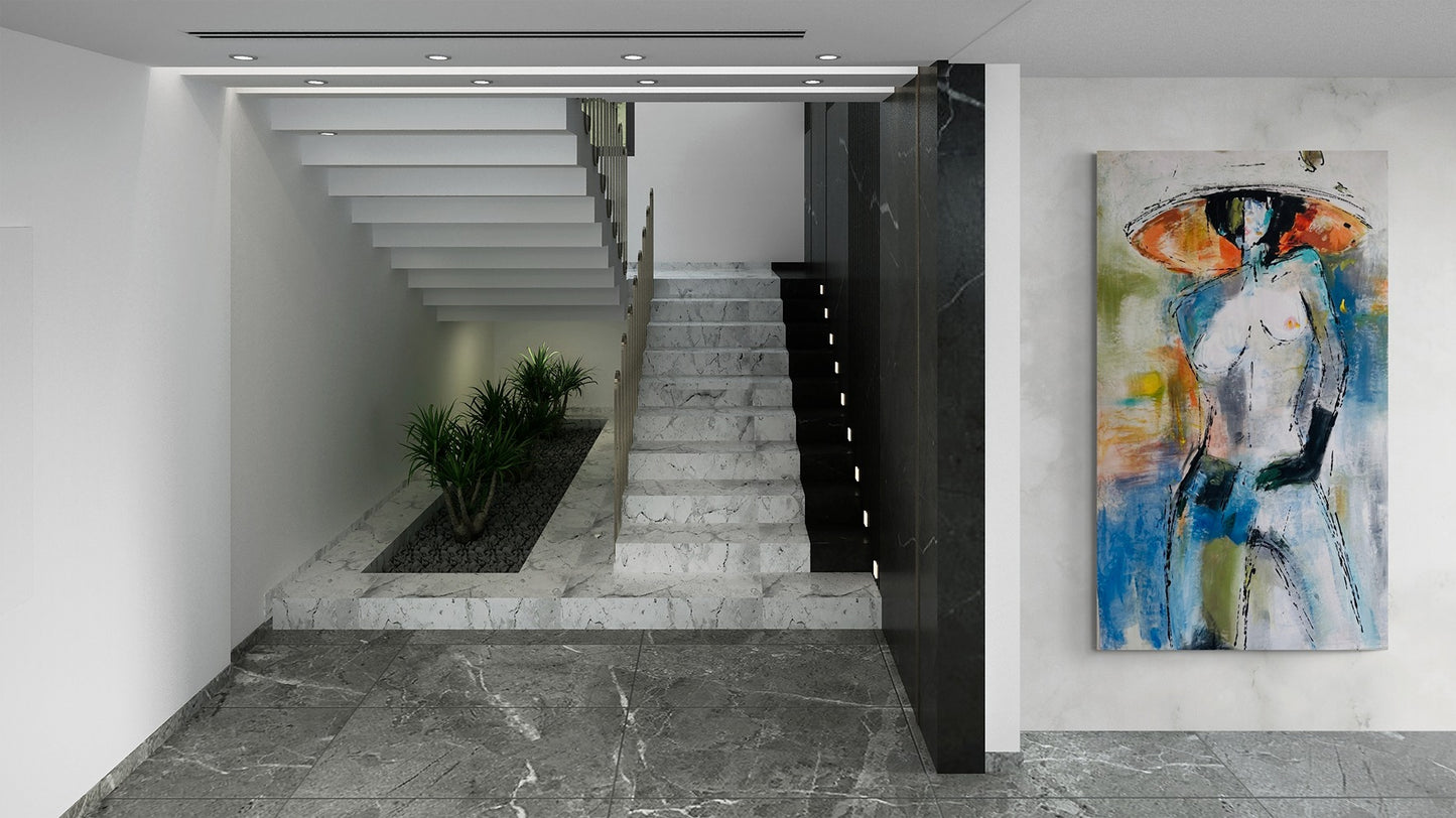 Elevate your modern entryway with a striking large original hand-painted abstract canvas wall art, complementing the serene ambiance alongside a small garden.