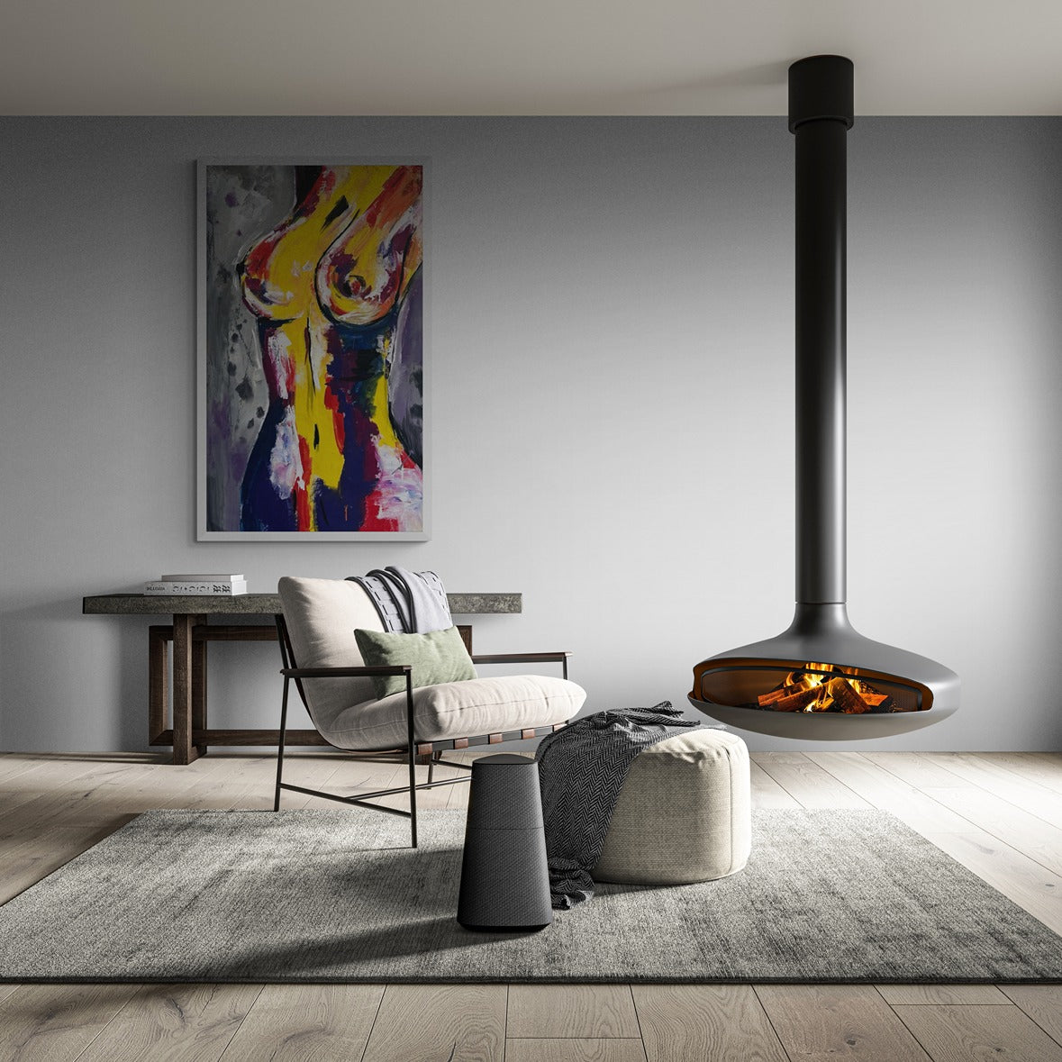 Modern living room featuring a suspended fireplace and a large original hand-painted abstract canvas wall art, adding a contemporary touch to the space.