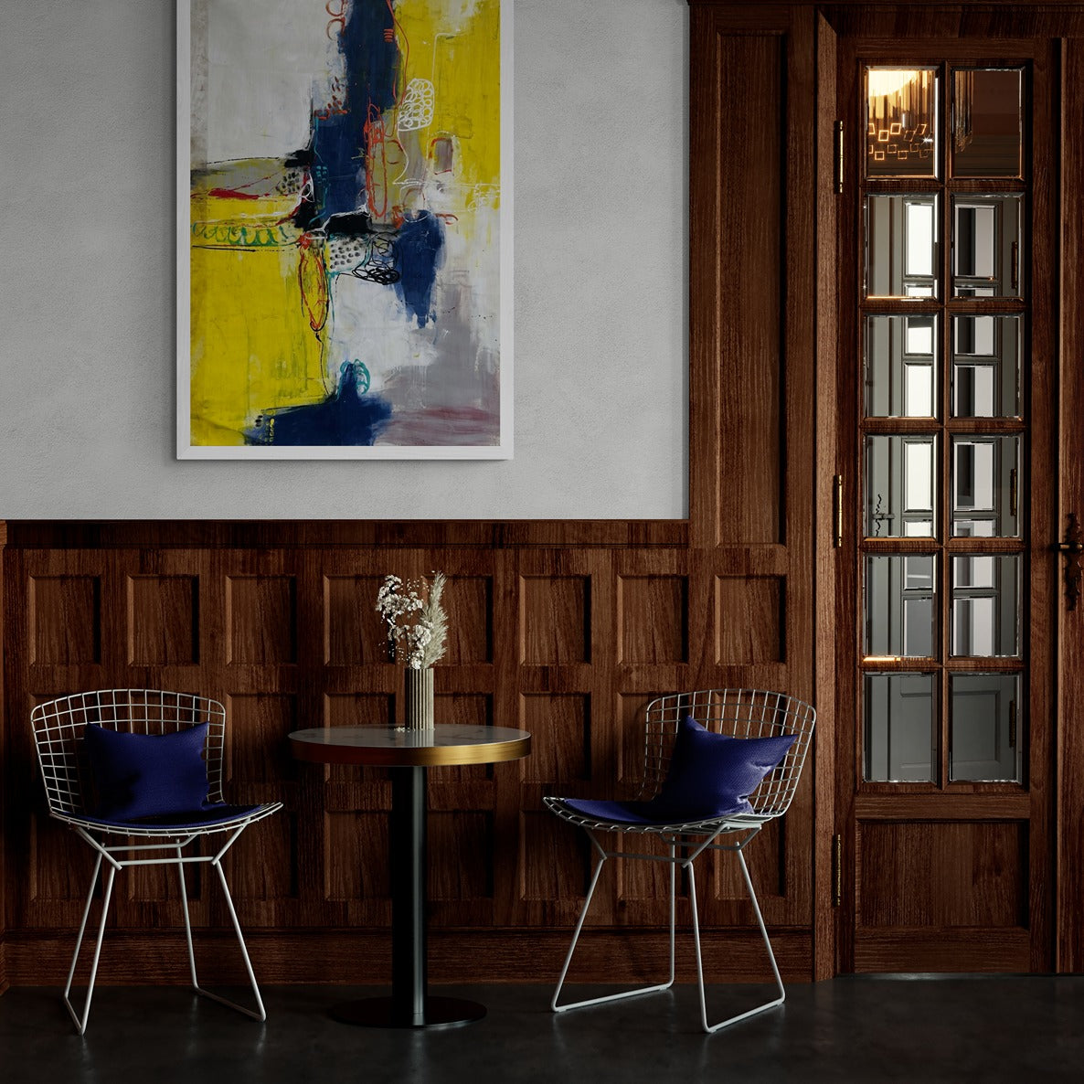 Vibrant hand-painted abstract canvas wall art adorning the walls of a rustic old restaurant with rich oak paneling, adding a contemporary touch to the vintage ambiance.