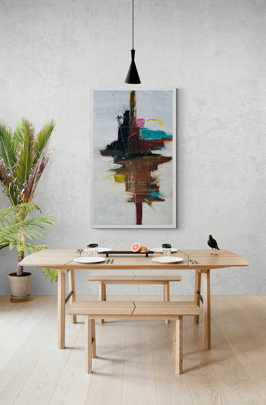 Large original hand-painted abstract canvas wall art in a Scandinavian-style dining room, enhancing the minimalist decor with artistic flair and modern sophistication.