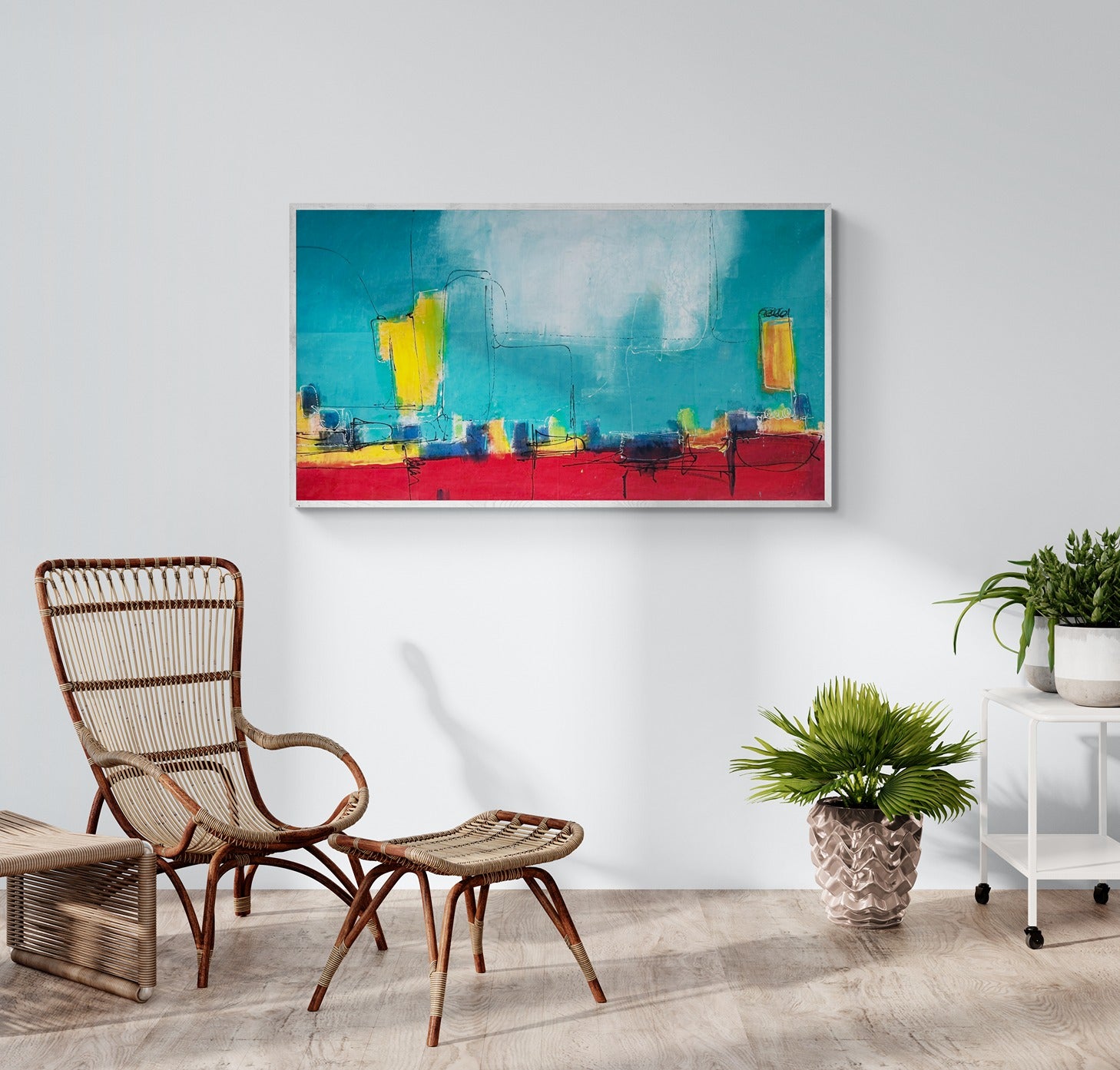 An expansive original abstract canvas wall art, hand-painted, adorns a sitting room furnished with elegant cane furniture, adding a touch of artistic flair to the space.