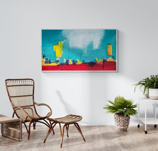 An expansive original abstract canvas wall art, hand-painted, adorns a sitting room furnished with elegant cane furniture, adding a touch of artistic flair to the space.
