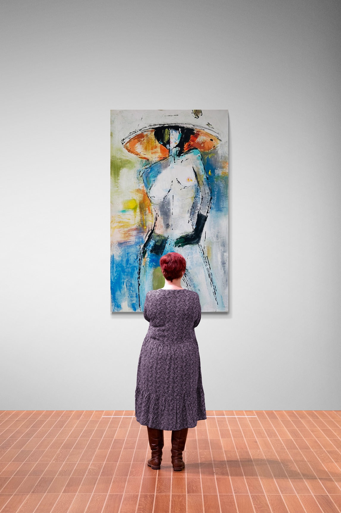Enhance your space with a captivating large original hand-painted abstract canvas wall art. In this image, a woman stands in front of a gallery wall, adding depth and character to the room.