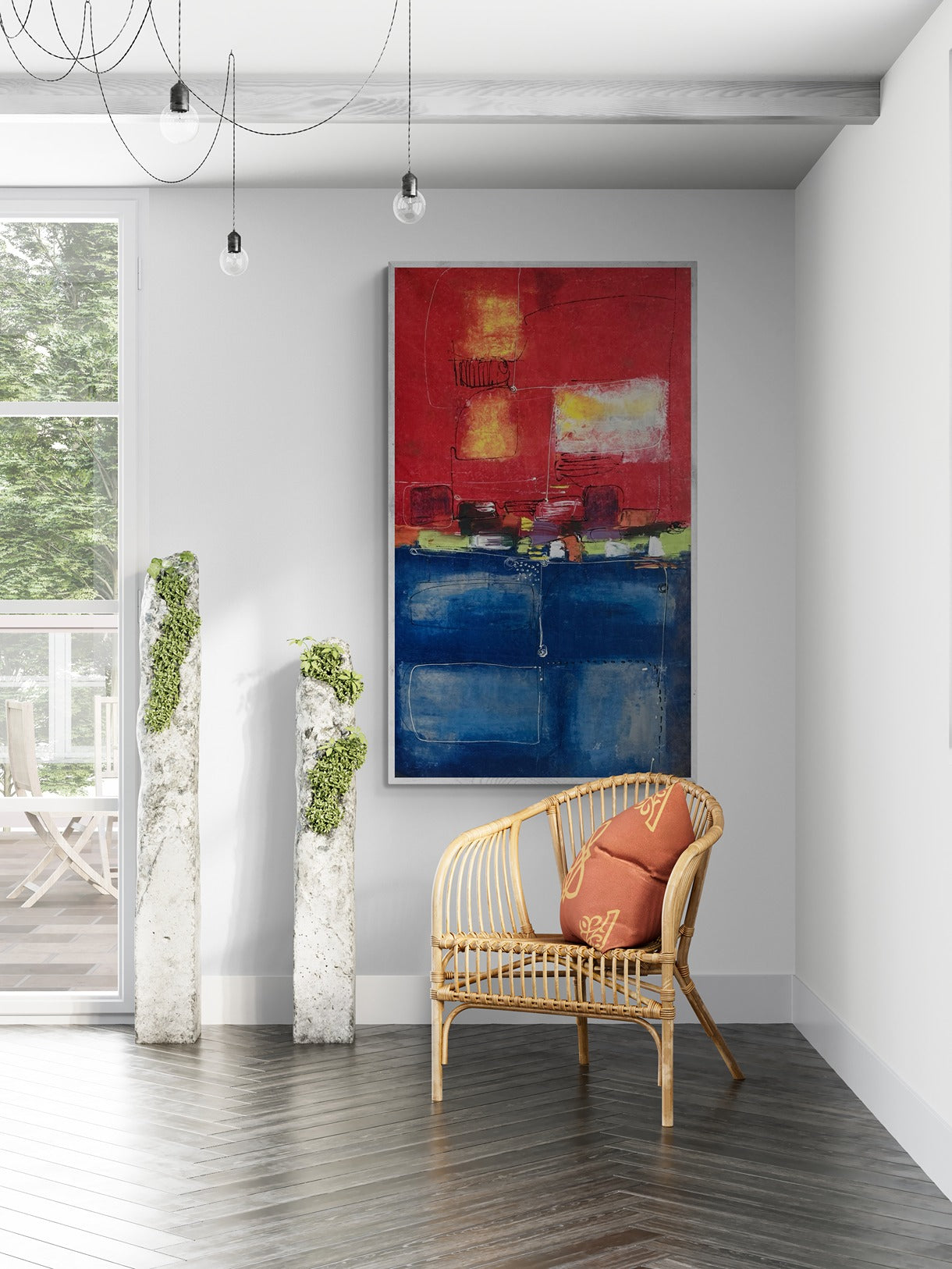 Large original hand-painted canvas abstract wall art displayed in a living room adorned with stone plinths, adding a touch of contemporary elegance to the space.