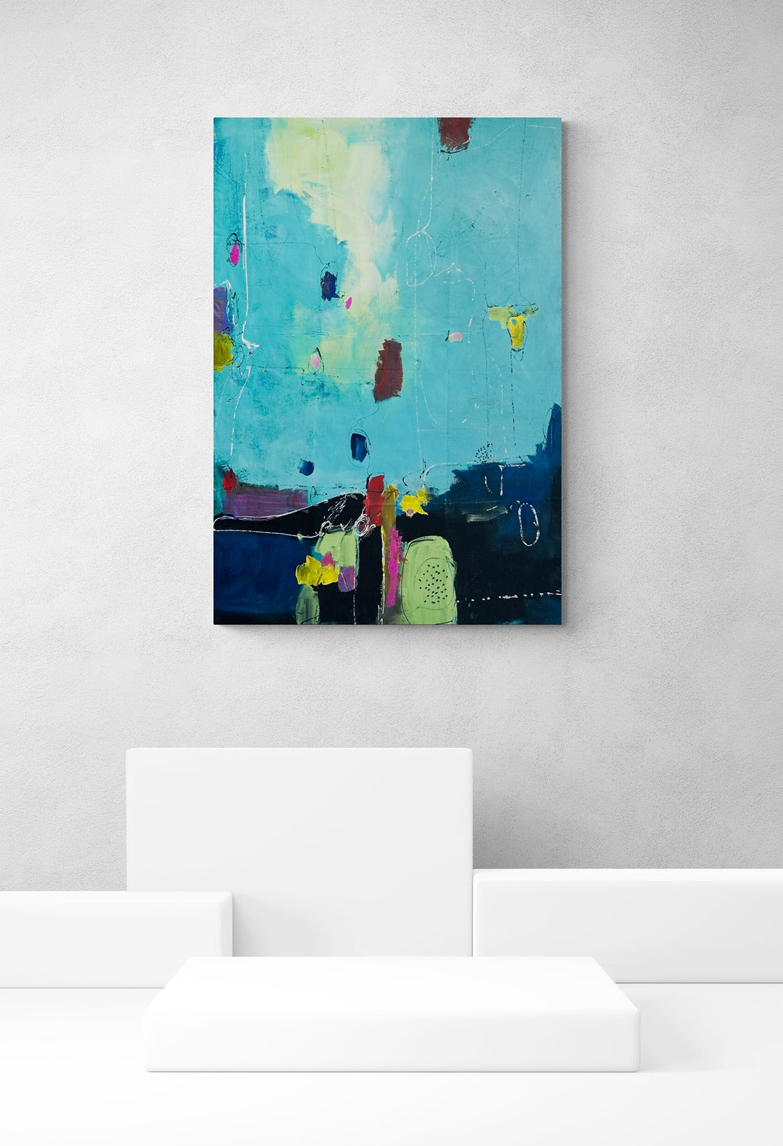 Large original hand-painted canvas abstract wall art in a minimal interior adorned with geometric shapes, adding artistic depth to the contemporary space.