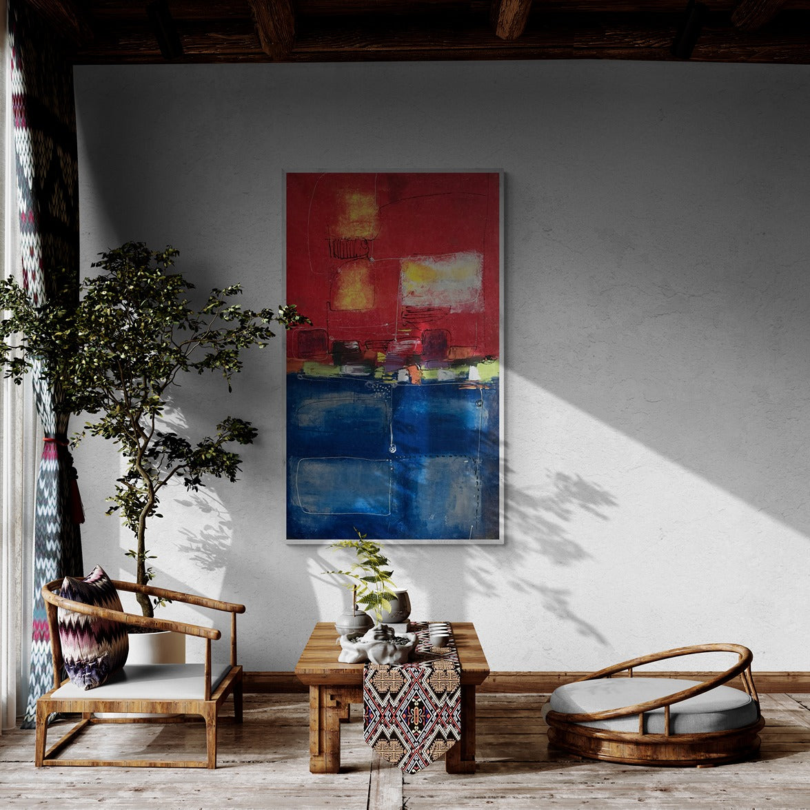 Large original hand-painted canvas abstract wall art showcased in a rustic living room with a large shrub, enhancing the cozy ambiance with artistic charm.