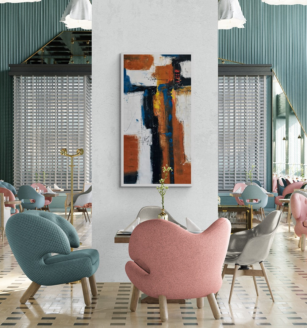 Large original hand painted wall art inside a open space restaurant