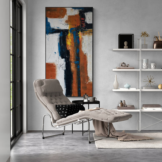 wall art abstract large hand painted behind a chaise lounge chair and shelves in a modern living room