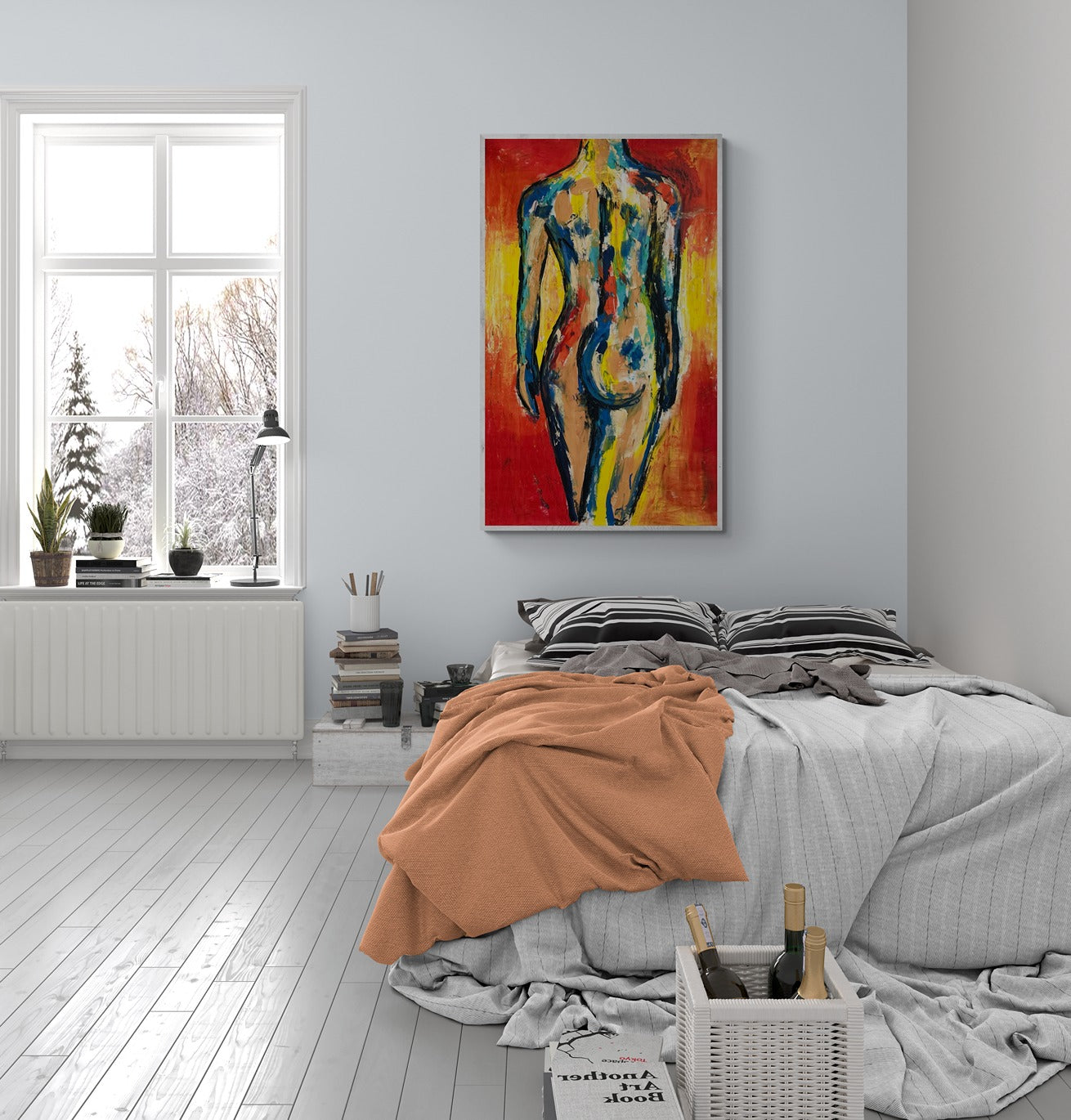 Confy bedroom with frosty outdoor views displaying a large abstract wall art original painting