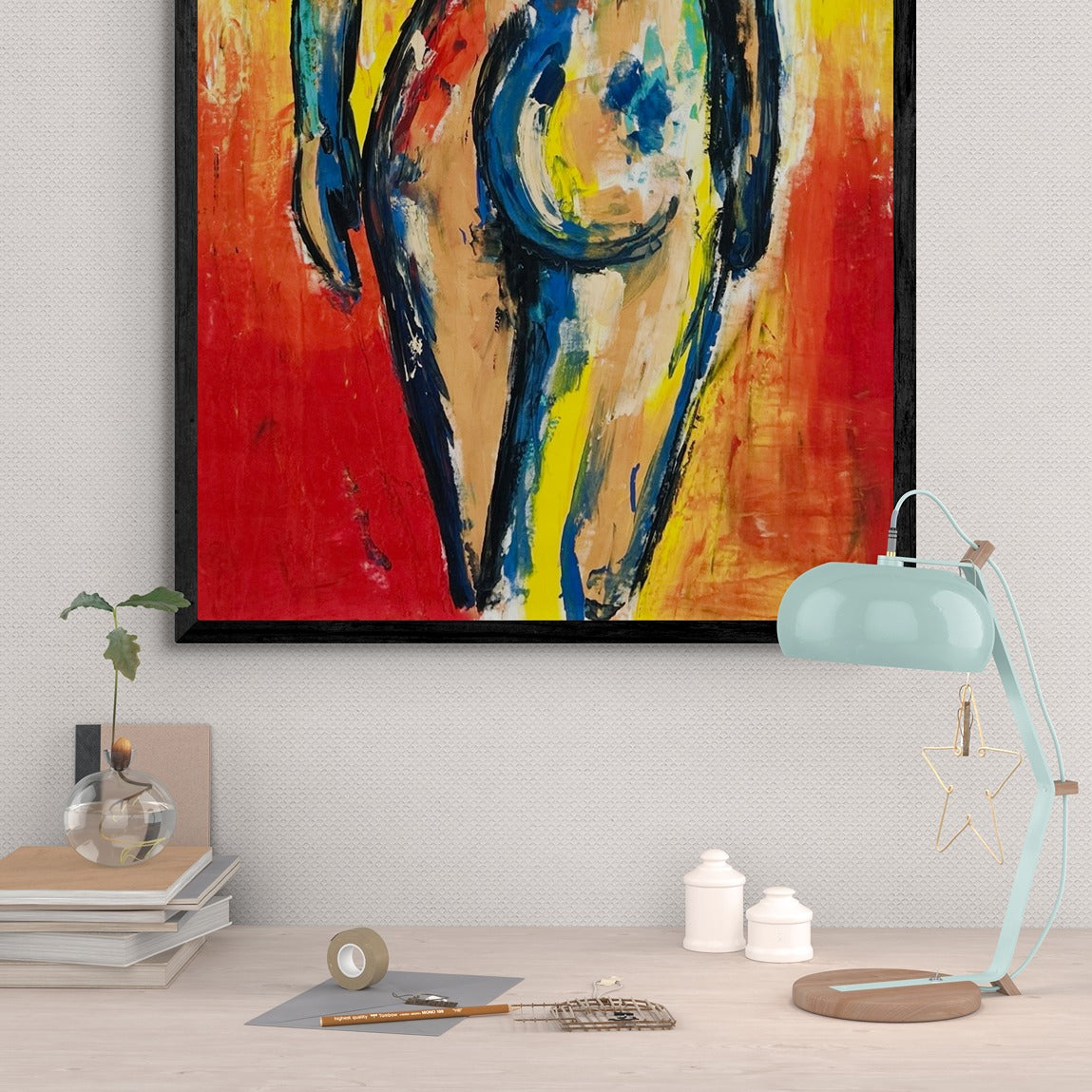 Large original hand painted wall art abstract decorating adesk work area with a colorful lamp