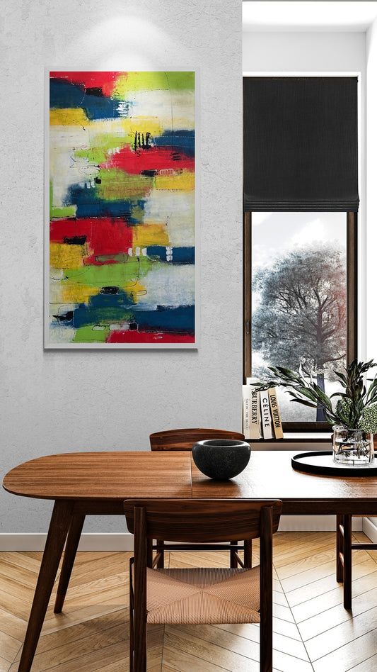 A large abstract colorful original hand painted wall art inside a dining room with wooden furniture