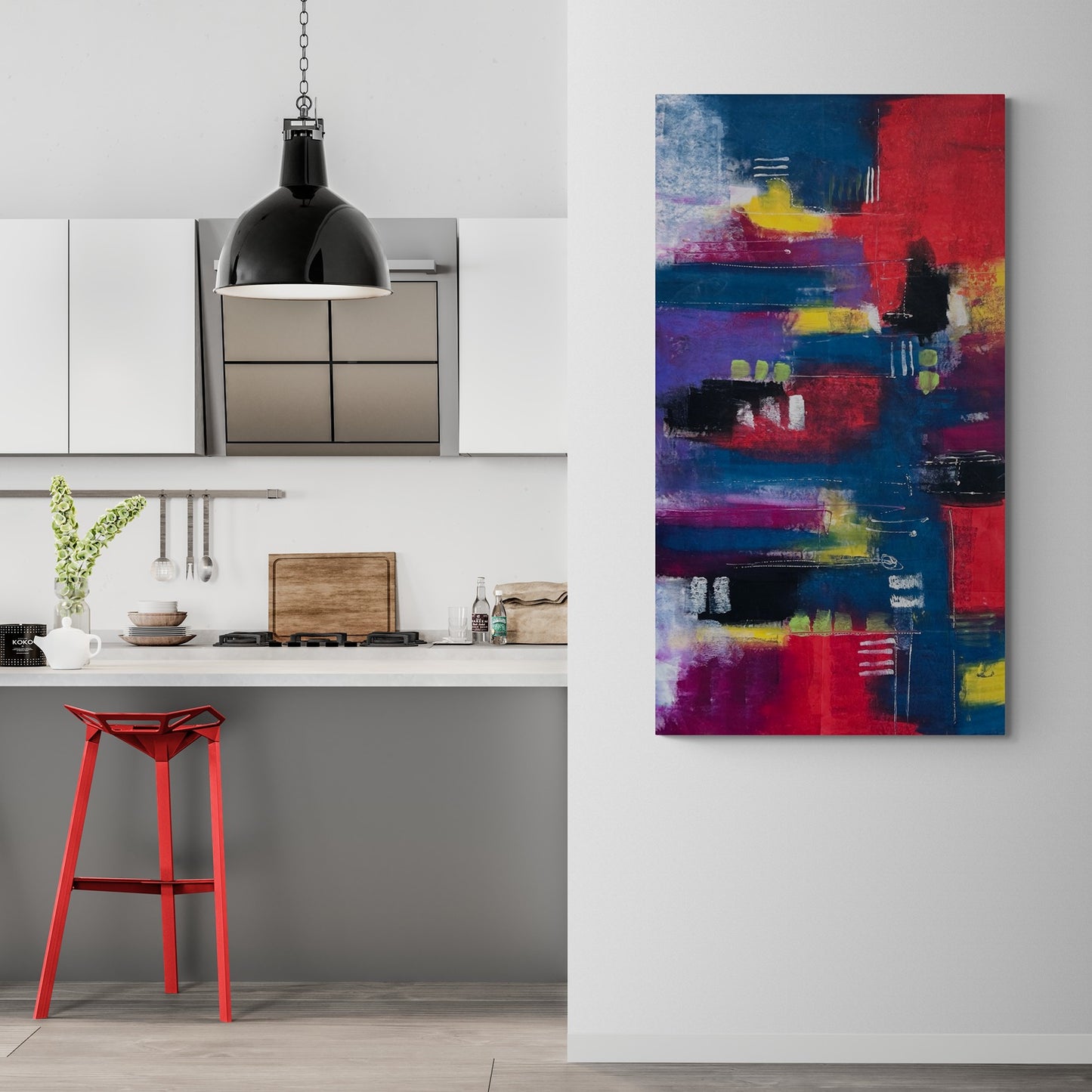 Large abstract hand painted wall art in an empty modern kitchen