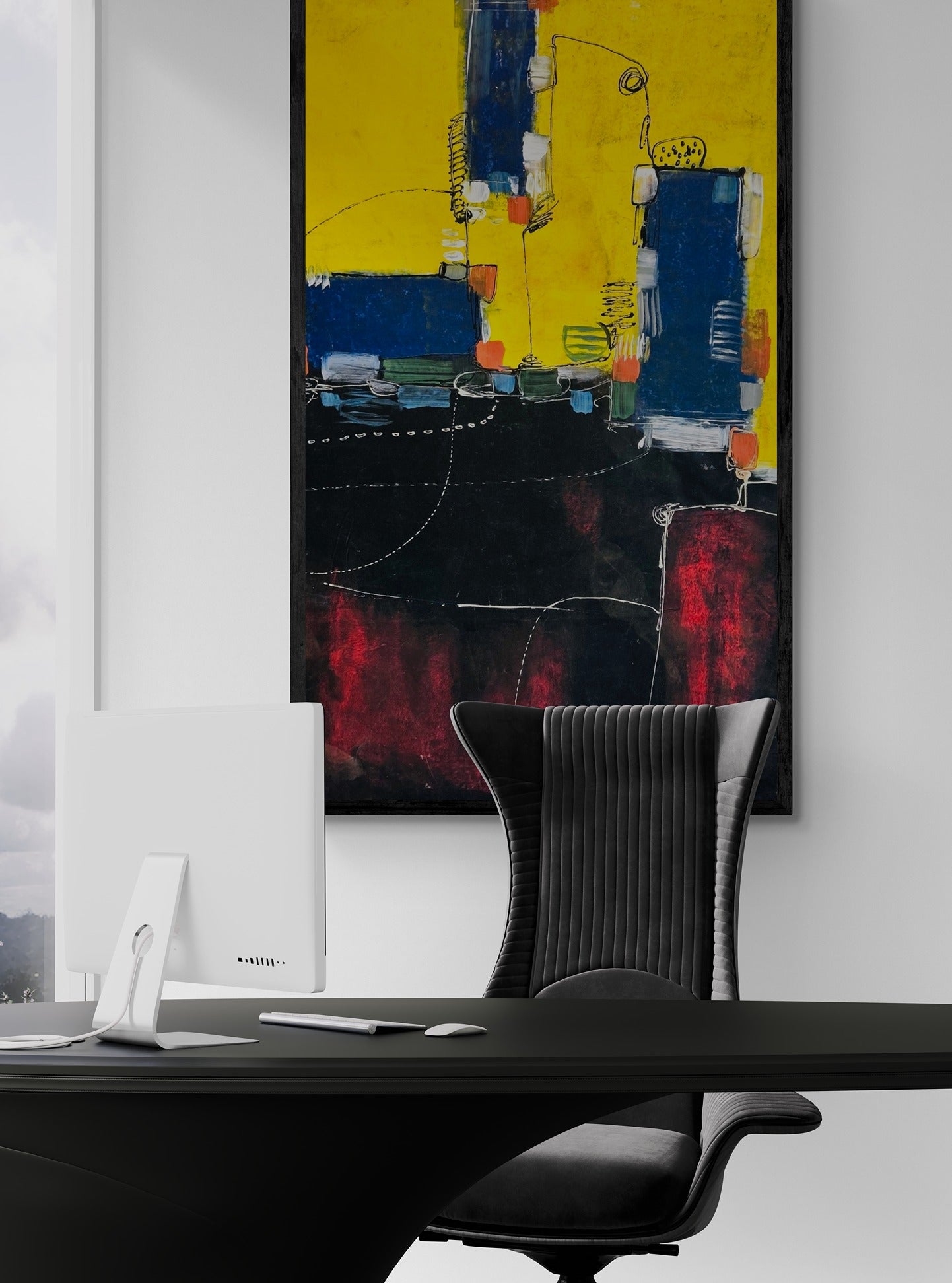 Office workspace with window views displaying an abstract original large wall art hand painted