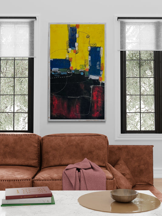 living room with brown sofa and coffee table with large abstract large wall art original