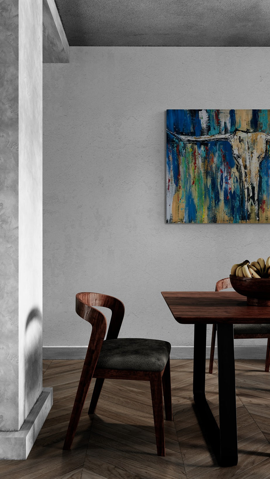Large hand painted wall art of a longhorn in a minimal dining room with table and chairs