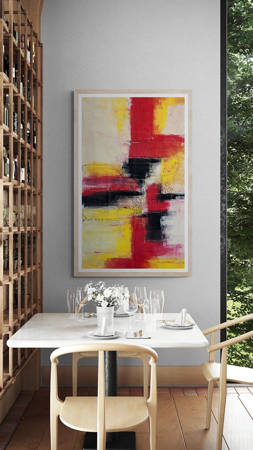 Large abstract wall art painting inside a restaurant with windows showing outside nature