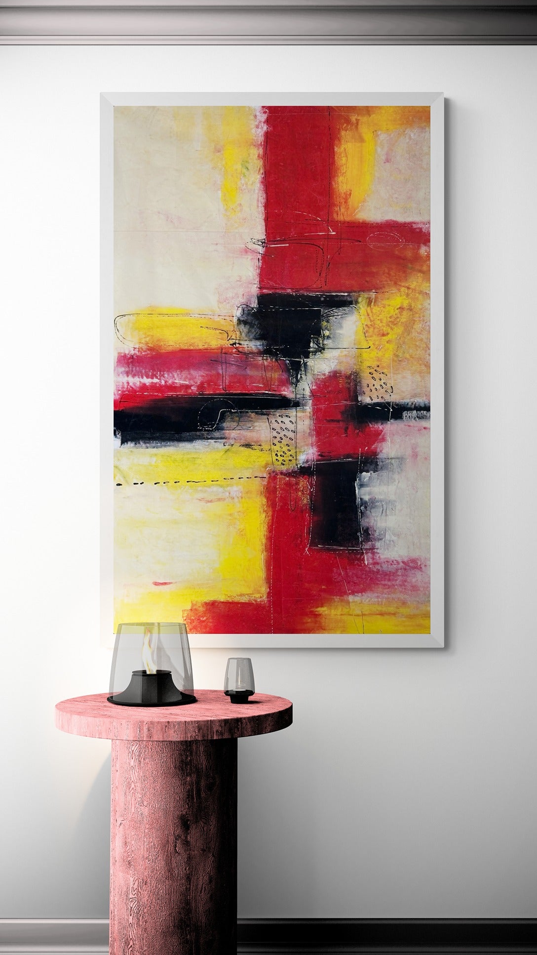 Large abstract original hand painted wall art with a red side table and some candles.