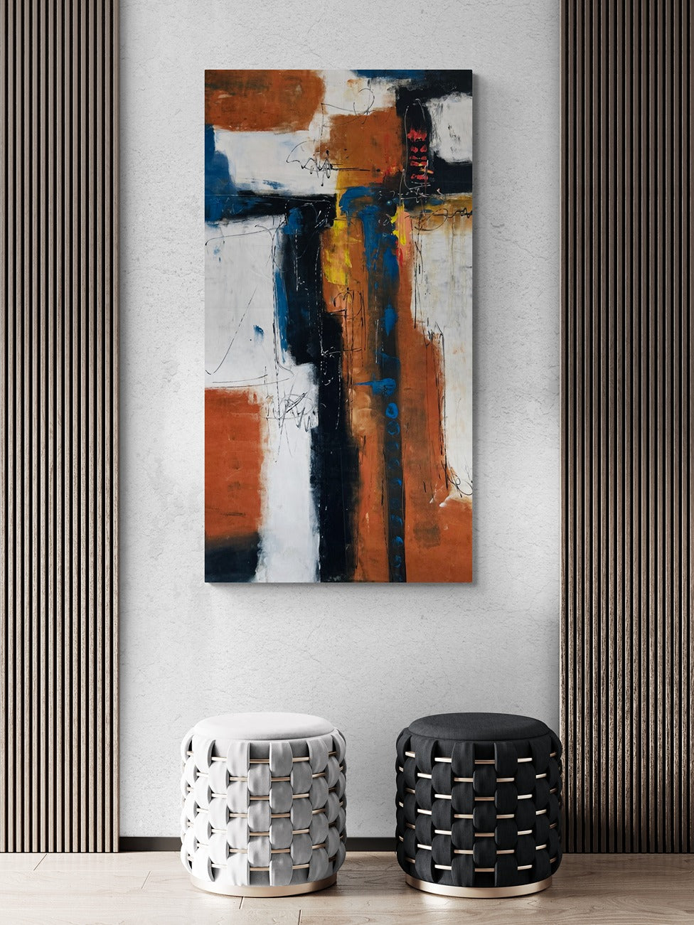 Large hand painted originar abstract wall art in a feature wall with round stools