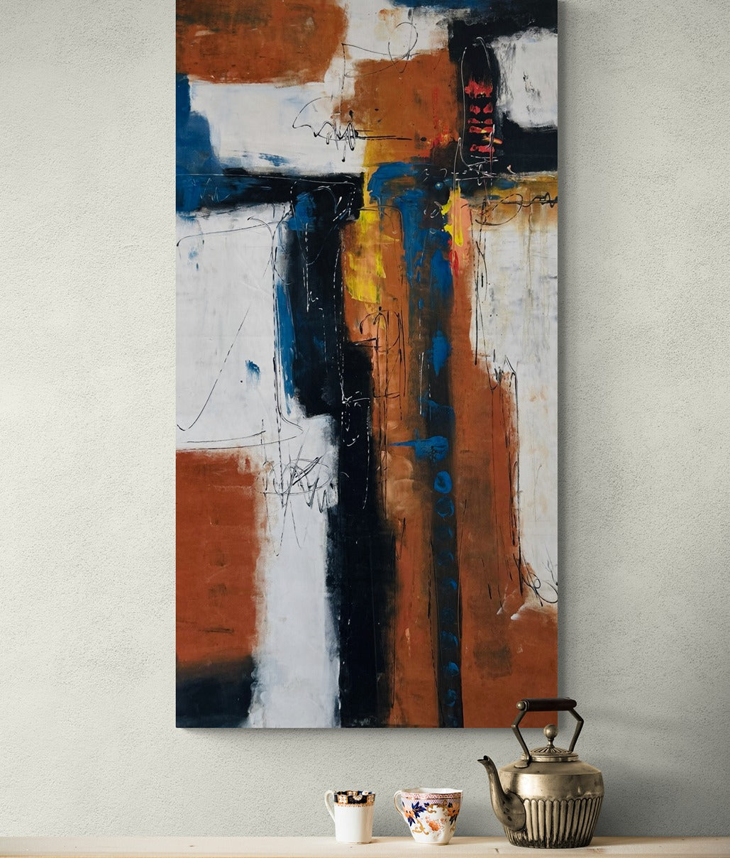 Large hand painted wall art abstract  painting behind teacup and cups