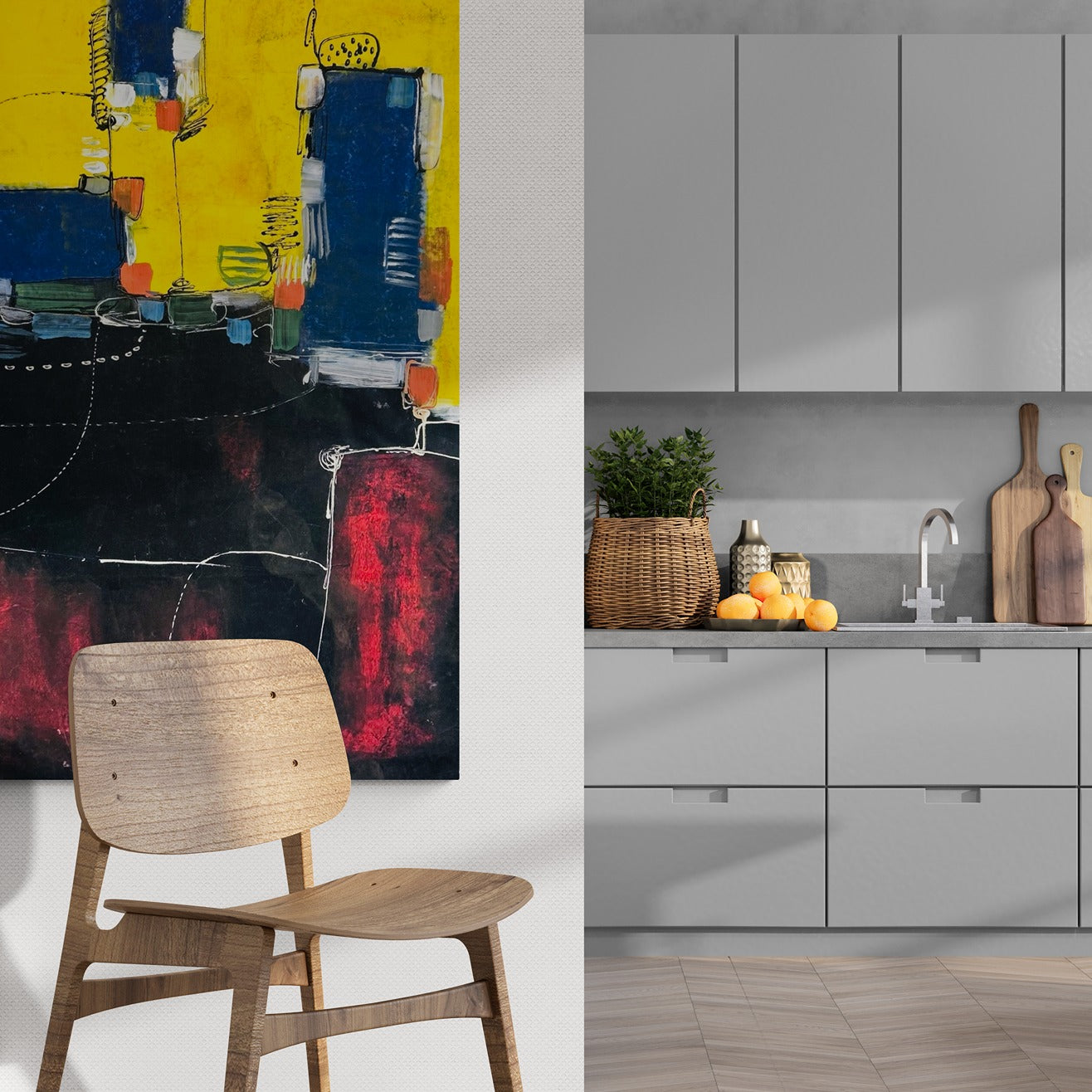 hand painted original abstract wall art inside a modern kitchen with a wooden chair