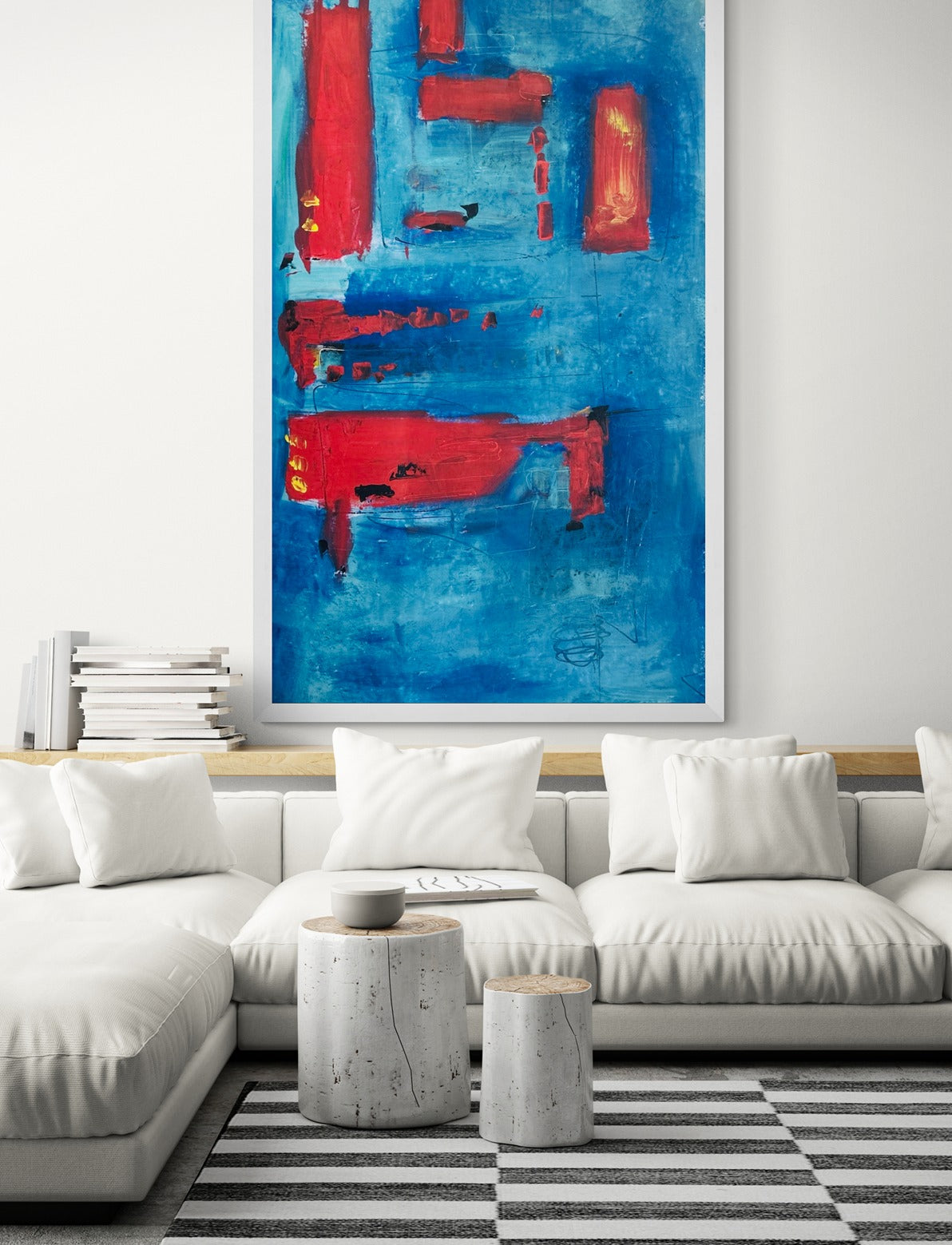 Lounge with corner sofa and tree stump pedestals featuring large canvas abstract wall art.