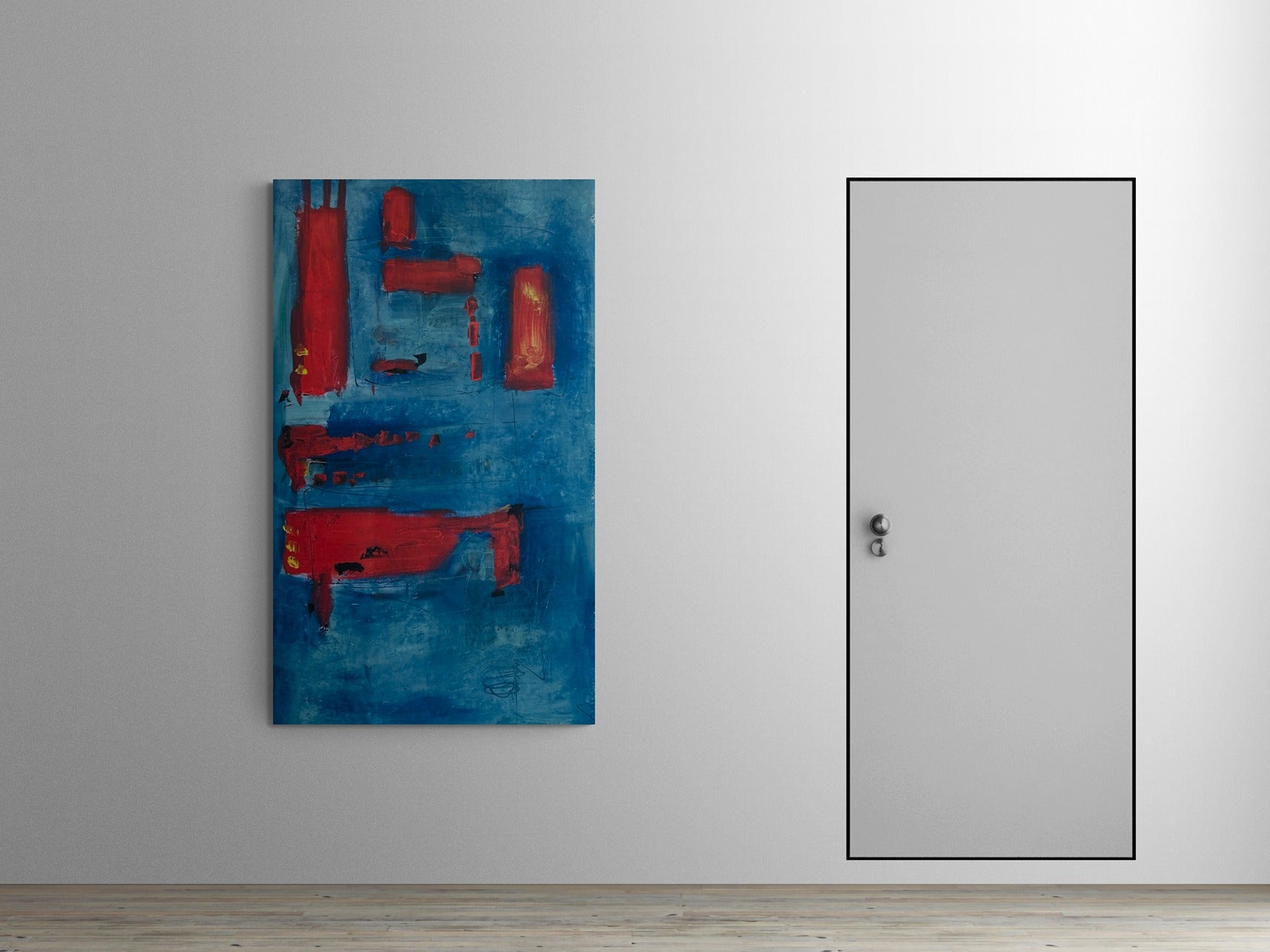 Minimal hallway with door featuring large blue abstract wall art.