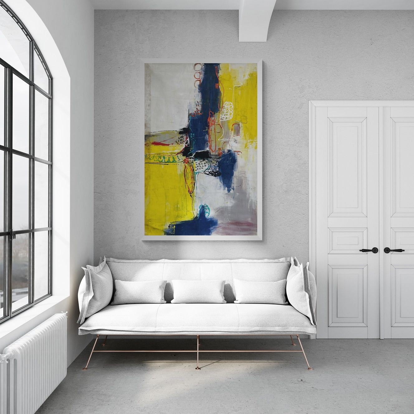 Original hand-painted abstract canvas wall art positioned elegantly above a modern three-seat sofa in a stylish apartment setting
