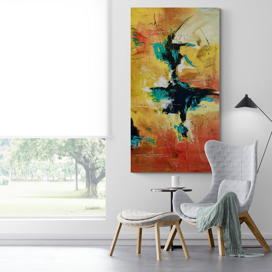 Original hand-painted abstract canvas wall art complements a designer chair with a footstool, adding artistic elegance to the contemporary decor.