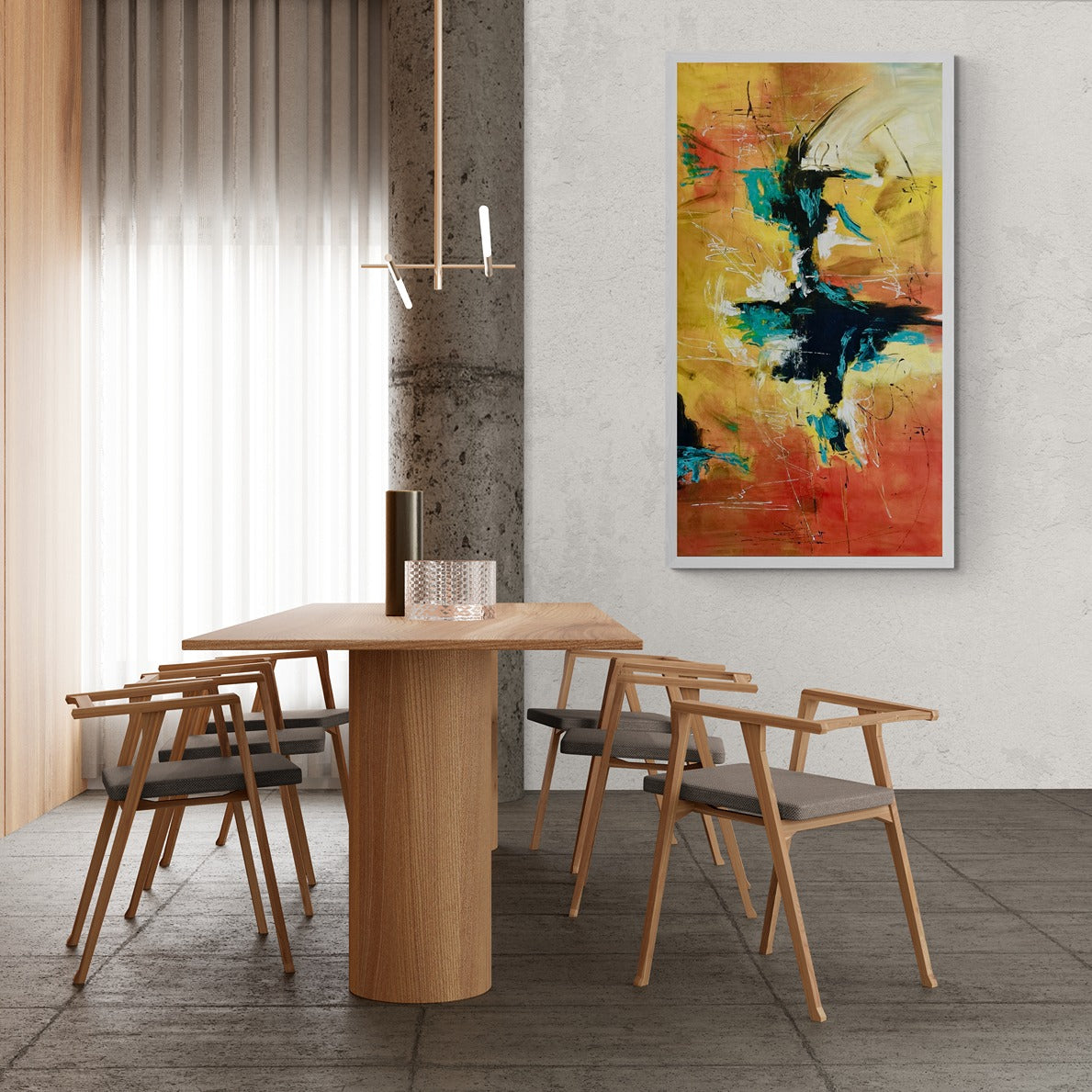 Original hand-painted abstract canvas wall art adds artistic depth to a dining room adorned with modern wooden furniture, enhancing the contemporary ambiance.