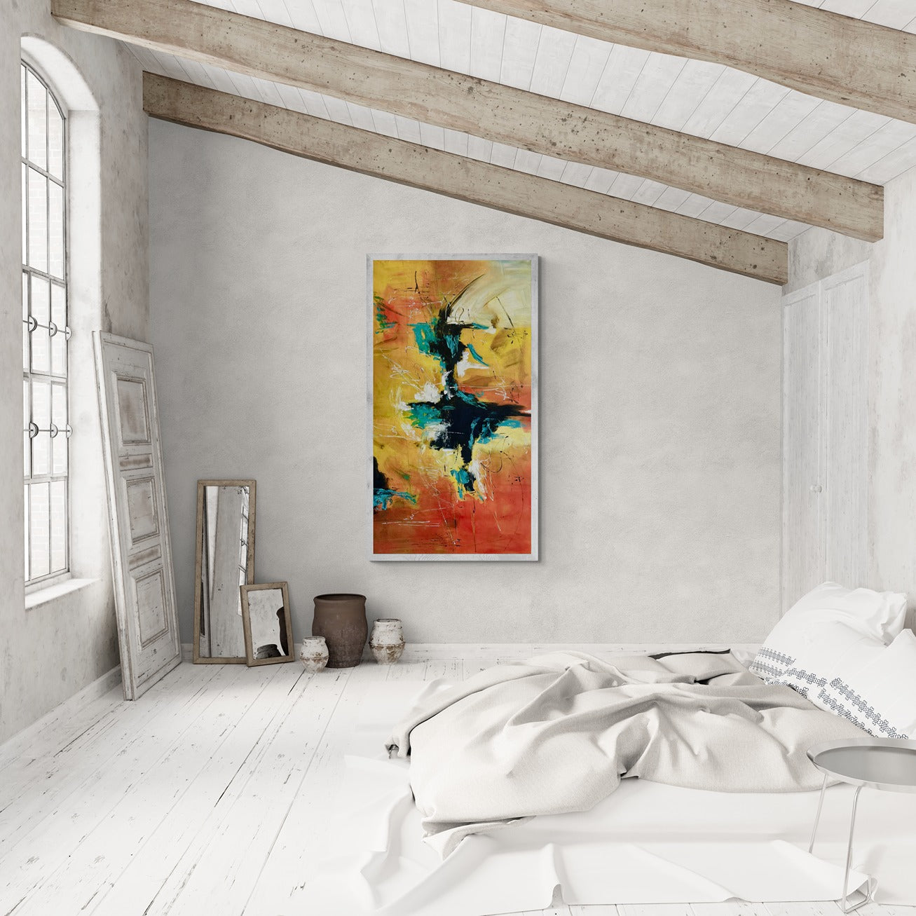 Original hand-painted abstract canvas wall art accentuates the spaciousness of a large industrial loft bedroom, infusing artistic flair into the urban decor.