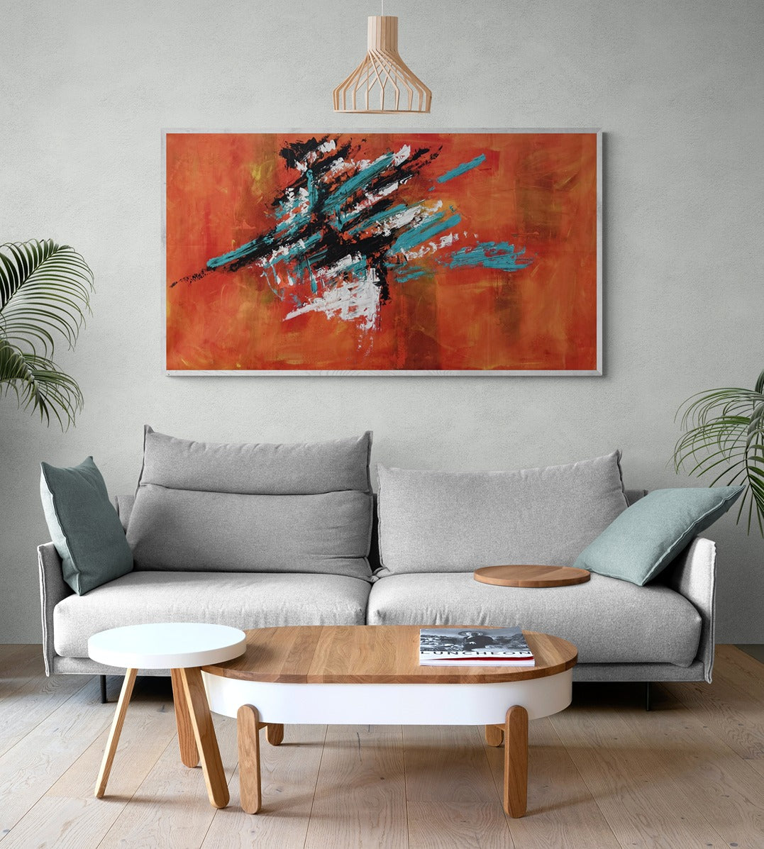 Original hand-painted abstract canvas wall art complements the lush tropical plants and cozy sofa in a serene living room setting, adding a touch of artistic vibrancy to the space.