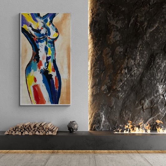 Original hand-painted abstract canvas wall art complements the modern interior design around a fireplace, adding contemporary artistic elements to the space.